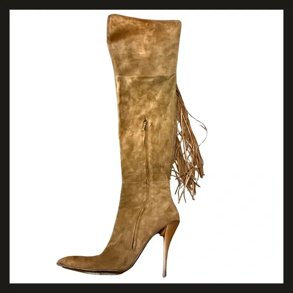 Gianmarco Lorenzi Suede Fringe Over-the-Knee Zipper High Heel Boots Size 39 EUC - Picture 3 of 16